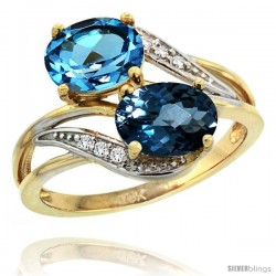 14k Gold ( 8x6 mm ) Double Stone Engagement Swiss & London Blue Topaz Ring w/ 0.07 Carat Brilliant Cut Diamonds & 2.34 Carats