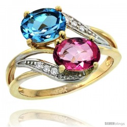 14k Gold ( 8x6 mm ) Double Stone Engagement Swiss Blue & Pink Topaz Ring w/ 0.07 Carat Brilliant Cut Diamonds & 2.34 Carats