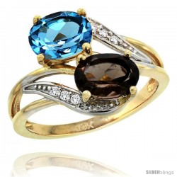 14k Gold ( 8x6 mm ) Double Stone Engagement Swiss Blue & Smoky Topaz Ring w/ 0.07 Carat Brilliant Cut Diamonds & 2.34 Carats