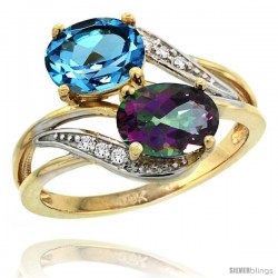 14k Gold ( 8x6 mm ) Double Stone Engagement Swiss Blue & Mystic Topaz Ring w/ 0.07 Carat Brilliant Cut Diamonds & 2.34 Carats