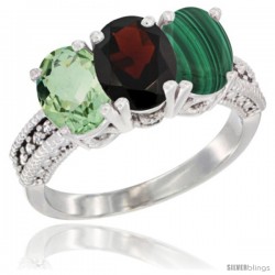 14K White Gold Natural Green Amethyst, Garnet & Malachite Ring 3-Stone 7x5 mm Oval Diamond Accent