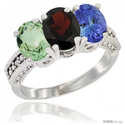 14K White Gold Natural Green Amethyst, Garnet & Tanzanite Ring 3-Stone 7x5 mm Oval Diamond Accent