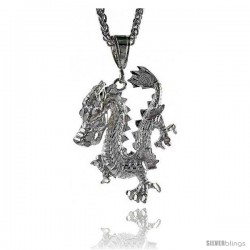 Sterling Silver Dragon Pendant, 1 15/16" (49 mm) tall -Style Pq599