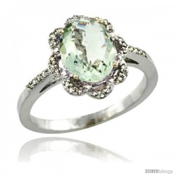 14k White Gold Diamond Halo Green Amethyst Ring 1.65 Carat Oval Shape 9X7 mm, 7/16 in (11mm) wide