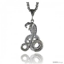 Sterling Silver Cobra Snake Pendant, 1 1/2" (38 mm) tall