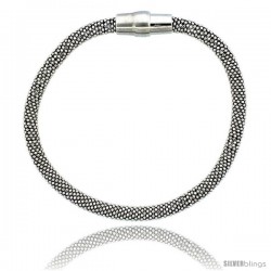 Sterling Silver Flexible Beaded Bangle Bracelet w/ Magnetic Clasp in White Gold Finish, 3/16 in. (4.5 mm) wide