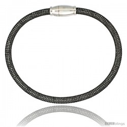 Sterling Silver Flexible Mesh Bangle Bracelet w/ Magnetic Clasp in Black Ruthenium Finish, 5/32 in. (4 mm) wide