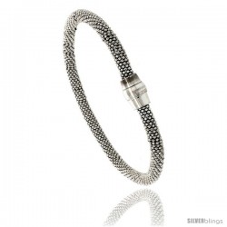 Sterling Silver 7" Flexible Beaded Bangle Bracelet w/ Magnetic Clasp in White Gold Finish, 3/16 in. (4.5 mm) wide