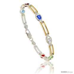 Sterling Silver Multi Color CZ Stone Bar Link Bracelet w/ Gold Finish), 1/4 in. (6 mm) wide