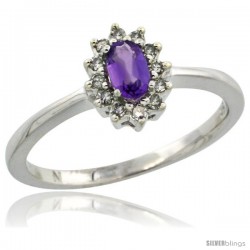 14k White Gold Diamond Halo Amethyst Ring 0.25 ct Oval Stone 5x3 mm, 5/16 in wide