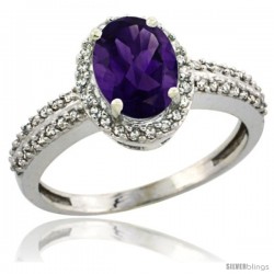 14k White Gold Diamond Halo Amethyst Ring 1.2 ct Oval Stone 8x6 mm, 3/8 in wide
