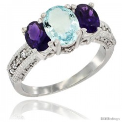 14k White Gold Ladies Oval Natural Aquamariine 3-Stone Ring with Amethyst Sides Diamond Accent