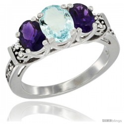 14K White Gold Natural Aquamarine & Amethyst Ring 3-Stone Oval with Diamond Accent