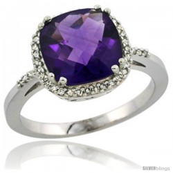 14k White Gold Diamond Amethyst Ring 3 ct Cushion Cut 9x9 mm, 1/2 in wide