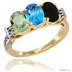 10K Yellow Gold Natural Green Amethyst, Swiss Blue Topaz & Black Onyx Ring 3-Stone Oval 7x5 mm Diamond Accent