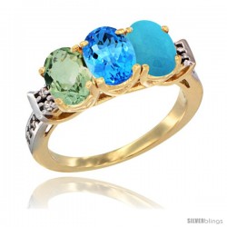 10K Yellow Gold Natural Green Amethyst, Swiss Blue Topaz & Turquoise Ring 3-Stone Oval 7x5 mm Diamond Accent