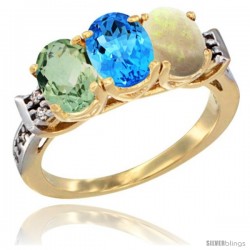 10K Yellow Gold Natural Green Amethyst, Swiss Blue Topaz & Opal Ring 3-Stone Oval 7x5 mm Diamond Accent