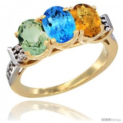 10K Yellow Gold Natural Green Amethyst, Swiss Blue Topaz & Whisky Quartz Ring 3-Stone Oval 7x5 mm Diamond Accent