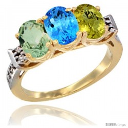 10K Yellow Gold Natural Green Amethyst, Swiss Blue Topaz & Lemon Quartz Ring 3-Stone Oval 7x5 mm Diamond Accent