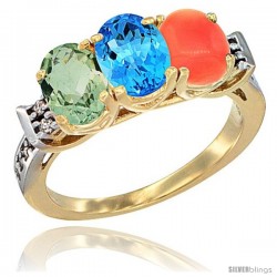 10K Yellow Gold Natural Green Amethyst, Swiss Blue Topaz & Coral Ring 3-Stone Oval 7x5 mm Diamond Accent