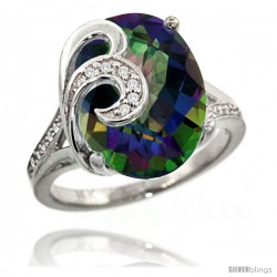 14k White Gold Natural Mystic Topaz Ring 16x12 mm Oval Shape Diamond Accent, 5/8 in wide