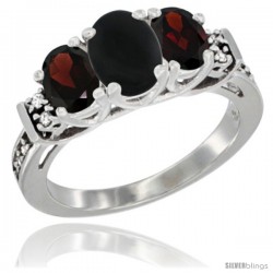 14K White Gold Natural Black Onyx & Garnet Ring 3-Stone Oval with Diamond Accent