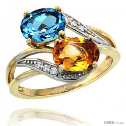 14k Gold ( 8x6 mm ) Double Stone Engagement Swiss Blue Topaz & Citrine Ring w/ 0.07 Carat Brilliant Cut Diamonds & 2.34 Carats