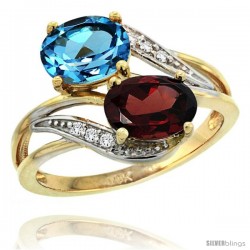 14k Gold ( 8x6 mm ) Double Stone Engagement Swiss Blue Topaz & Garnet Ring w/ 0.07 Carat Brilliant Cut Diamonds & 2.34 Carats