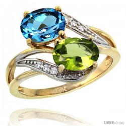 14k Gold ( 8x6 mm ) Double Stone Engagement Swiss Blue Topaz & Peridot Ring w/ 0.07 Carat Brilliant Cut Diamonds & 2.34 Carats