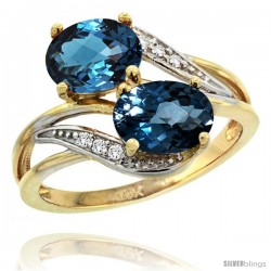 14k Gold ( 8x6 mm ) Double Stone Engagement London Blue Topaz Ring w/ 0.07 Carat Brilliant Cut Diamonds & 2.34 Carats Oval Cut