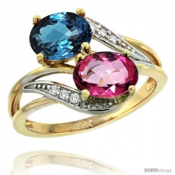 14k Gold ( 8x6 mm ) Double Stone Engagement London Blue & Pink Topaz Ring w/ 0.07 Carat Brilliant Cut Diamonds & 2.34 Carats