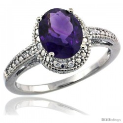 Sterling Silver Diamond Vintage Style Oval Amethyst Stone Ring Rhodium Finish, 8x6 mm Oval Cut Gemstone