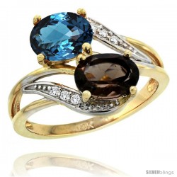 14k Gold ( 8x6 mm ) Double Stone Engagement London Blue & Smoky Topaz Ring w/ 0.07 Carat Brilliant Cut Diamonds & 2.34 Carats