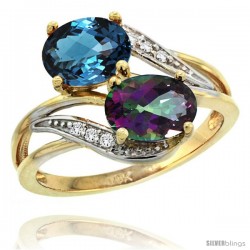 14k Gold ( 8x6 mm ) Double Stone Engagement London Blue & Mystic Topaz Ring w/ 0.07 Carat Brilliant Cut Diamonds & 2.34 Carats