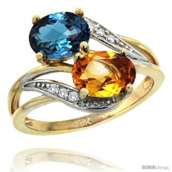 14k Gold ( 8x6 mm ) Double Stone Engagement London Blue Topaz & Citrine Ring w/ 0.07 Carat Brilliant Cut Diamonds & 2.34 Carats