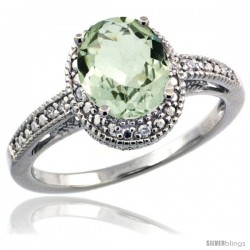 Sterling Silver Diamond Vintage Style Oval Green Amethyst Stone Ring Rhodium Finish, 8x6 mm Oval Cut Gemstone