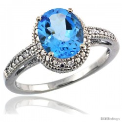 Sterling Silver Diamond Vintage Style Oval Blue Topaz Stone Ring Rhodium Finish, 8x6 mm Oval Cut Gemstone