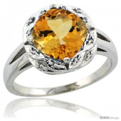 14k White Gold Diamond Halo Citrine Ring 2.7 ct Checkerboard Cut Cushion Shape 8 mm, 1/2 in wide