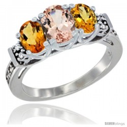 14K White Gold Natural Morganite & Citrine Ring 3-Stone Oval with Diamond Accent