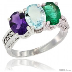 14K White Gold Natural Amethyst, Aquamarine & Emerald Ring 3-Stone 7x5 mm Oval Diamond Accent