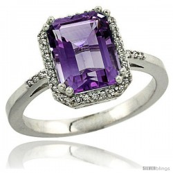 14k White Gold Diamond Amethyst Ring 2.53 ct Emerald Shape 9x7 mm, 1/2 in wide