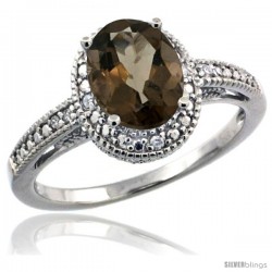 Sterling Silver Diamond Vintage Style Oval Smoky Topaz Stone Ring Rhodium Finish, 8x6 mm Oval Cut Gemstone