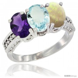 14K White Gold Natural Amethyst, Aquamarine & Opal Ring 3-Stone 7x5 mm Oval Diamond Accent