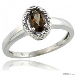 10k White Gold Diamond Halo Smoky Topaz Ring 0.75 Carat Oval Shape 6X4 mm, 3/8 in (9mm) wide