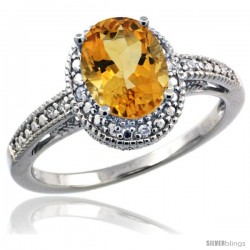 Sterling Silver Diamond Vintage Style Oval Citrine Stone Ring Rhodium Finish, 8x6 mm Oval Cut Gemstone