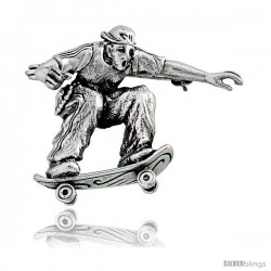 Sterling Silver Skateboarder "Sidewalk Surfer" Brooch Pin, 1 1/8" (29 mm) tall