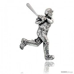 Sterling Silver Baseball Player "Batter" Brooch Pin, 1 7/16" (37 mm) tall