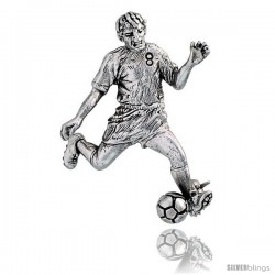 Sterling Silver Soccer Player "Striker / Forward" Brooch Pin, 1 5/8" (42 mm) tall