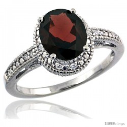 Sterling Silver Diamond Vintage Style Oval Garnet Stone Ring Rhodium Finish, 8x6 mm Oval Cut Gemstone