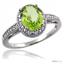 Sterling Silver Diamond Vintage Style Oval Peridot Stone Ring Rhodium Finish, 8x6 mm Oval Cut Gemstone